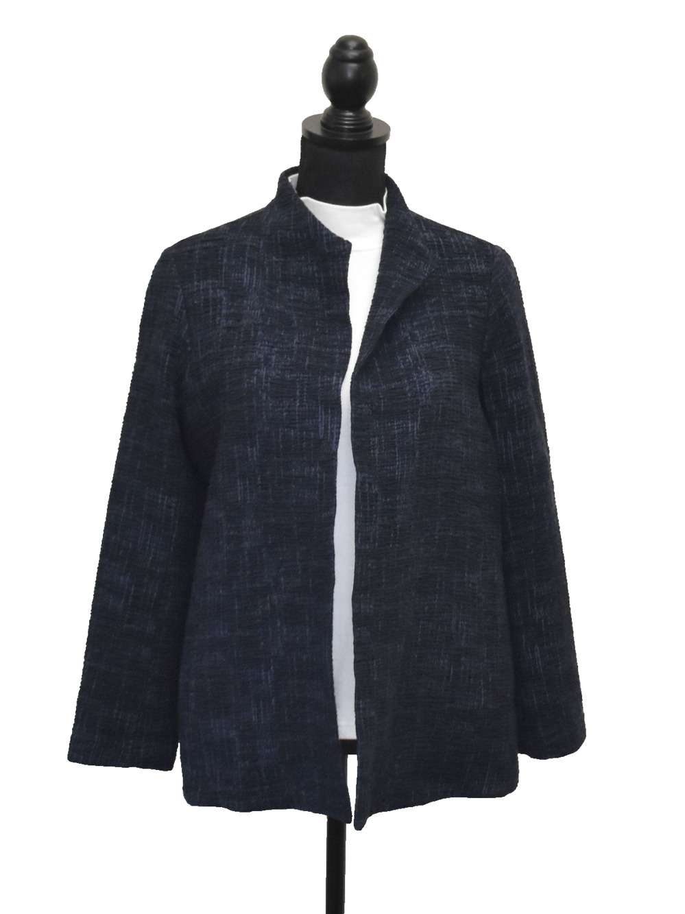 A6 Auth EILEEN FISHER Dark Blue Org Cotton Tencel Crosshatch Petite Jacket Sz PM